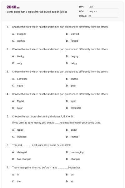 Đề thi Tiếng Anh 9 Thí điểm Học kì 2 có đáp án (Đề 5)