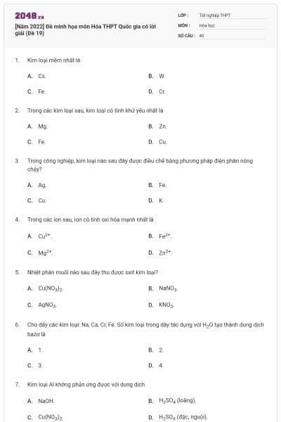 [Năm 2022] Đề minh họa môn Hóa THPT Quốc gia có lời giải (Đề 19)
