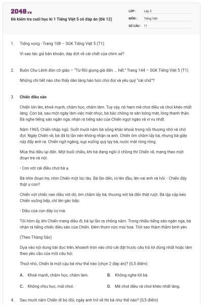 Đề kiểm tra cuối học kì 1 Tiếng Việt 5 có đáp án (Đề 12)