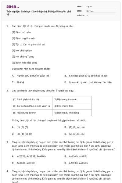 Trắc nghiệm Sinh học 12 (có đáp án): Bài tập Di truyền phả hệ