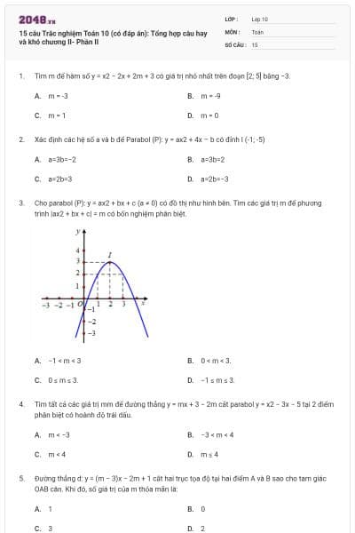 15 câu Trắc nghiệm Toán 10 (có đáp án): Tổng hợp câu hay và khó chương II- Phần II