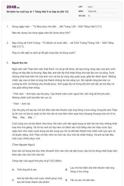 Đề kiểm tra cuối học kì 1 Tiếng Việt 5 có đáp án (Đề 15)