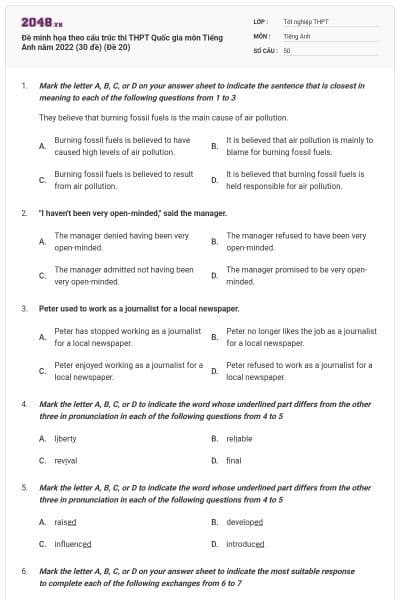 Đề minh họa theo cấu trúc thi THPT Quốc gia môn Tiếng Anh năm 2022 (30 đề) (Đề 20)