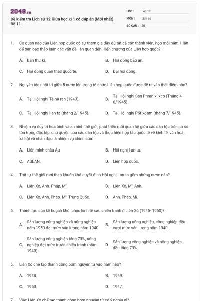 Đề kiểm tra Lịch sử 12 Giữa học kì 1 có đáp án (Mới nhất) Đề 11