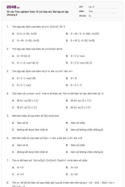 35 câu Trắc nghiệm Toán 10 (có đáp án): Bài tập ôn tập chương II