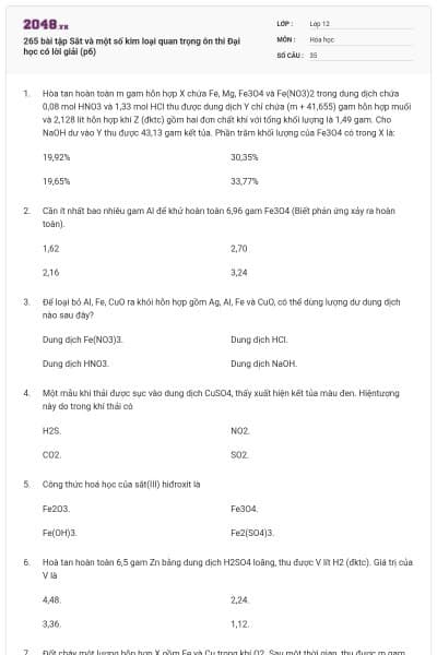265 bài tập Săt và một số kim loại quan trọng ôn thi Đại học có lời giải (p6)