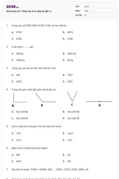 Đề thi học kì 1 Toán lớp 4 có đáp án (Đề 1)