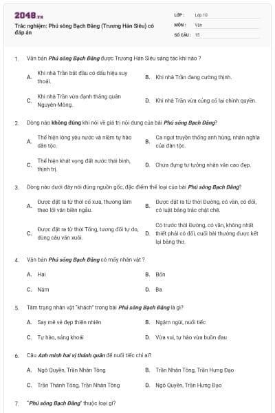 Trắc nghiệm: Phú sông Bạch Đằng (Trương Hán Siêu) có đáp án