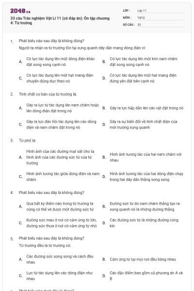 33 câu Trắc nghiệm Vật Lí 11 (có đáp án): Ôn tập chương 4: Từ trường