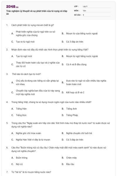 Trắc nghiệm Lý thuyết về sự phát triển của từ vựng có đáp án