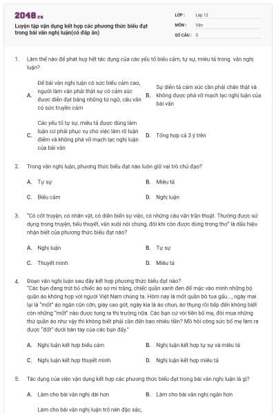 Luyện tập vận dụng kết hợp các phương thức biểu đạt trong bài văn nghị luận(có đáp án)