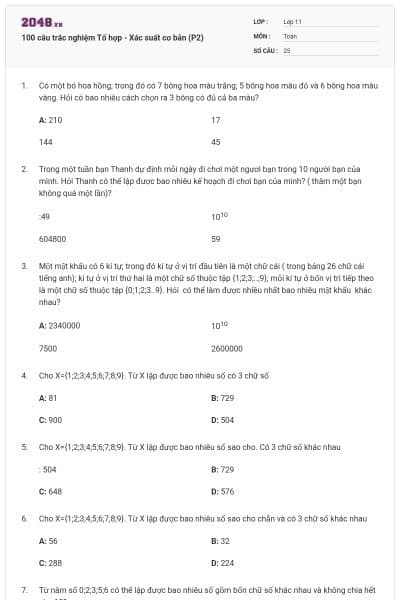 100 câu trắc nghiệm Tổ hợp - Xác suất cơ bản (P2)