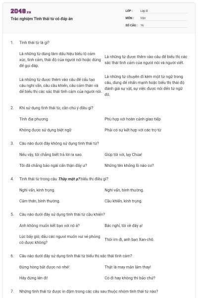 Trắc nghiệm Tình thái từ có đáp án