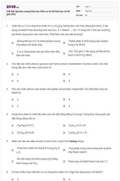 236 Bài tập Đại cương Hóa học Hữu cơ ôn thi Đại học có lời giải (P6)