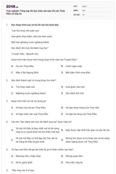 Trắc nghiệm Tổng hợp đề đọc hiểu văn bản Chị em Thúy Kiều có đáp án