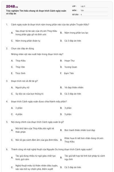 Trắc nghiệm Tìm hiểu chung về đoạn trích Cảnh ngày xuân có đáp án