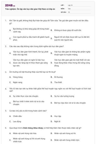 Trắc nghiệm: Ôn tập văn học dân gian Việt Nam có đáp án