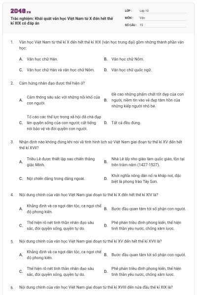 Trắc nghiệm: Khái quát văn học Việt Nam từ X đến hết thế kỉ XIX có đáp án