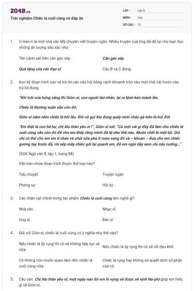 Trắc nghiệm Chiếc lá cuối cùng có đáp án