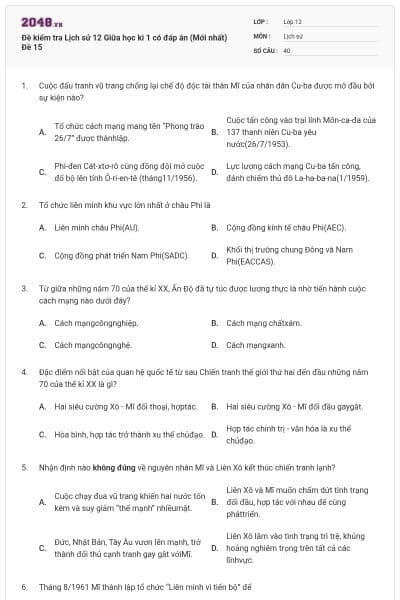 Đề kiểm tra Lịch sử 12 Giữa học kì 1 có đáp án (Mới nhất) Đề 15