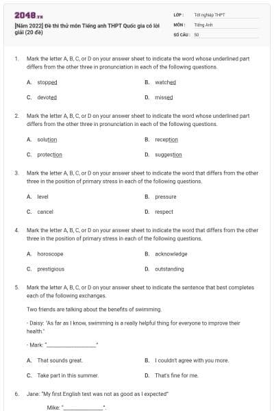 [Năm 2022] Đề thi thử môn Tiếng anh THPT Quốc gia có lời giải (20 đề)
