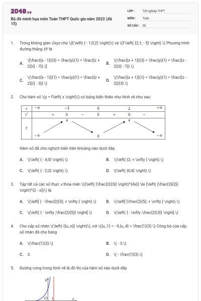 Bộ đề minh họa môn Toán THPT Quốc gia năm 2022 (đề 15)