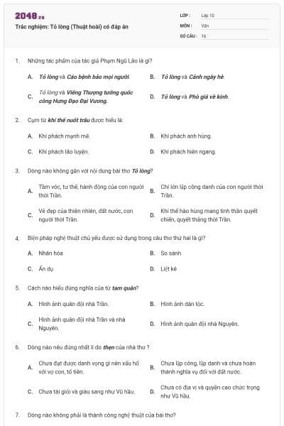 Trắc nghiệm: Tỏ lòng (Thuật hoài) có đáp án