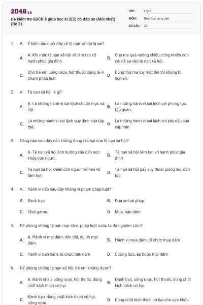Đề kiểm tra GDCD 8 giữa học kì 2(2) có đáp án (Mới nhất) (Đề 3)
