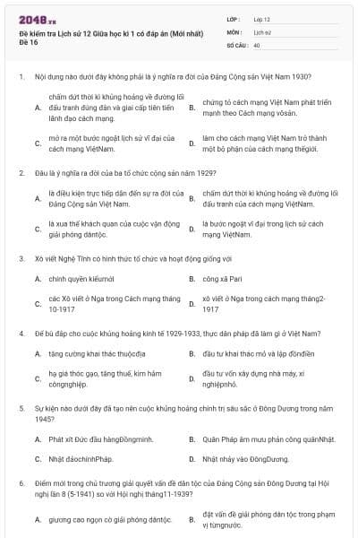 Đề kiểm tra Lịch sử 12 Giữa học kì 1 có đáp án (Mới nhất) Đề 16