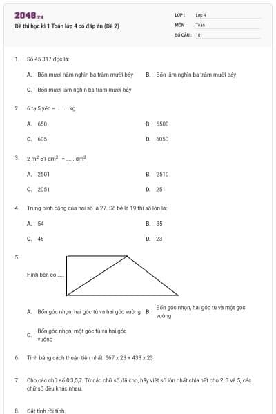 Đề thi học kì 1 Toán lớp 4 có đáp án (Đề 2)