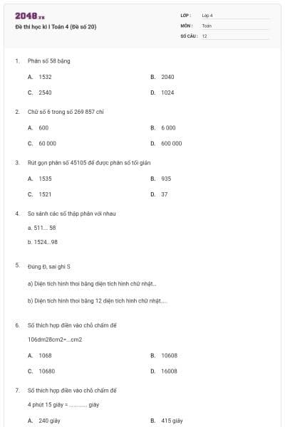 Đề thi học kì I Toán 4 (Đề số 20)