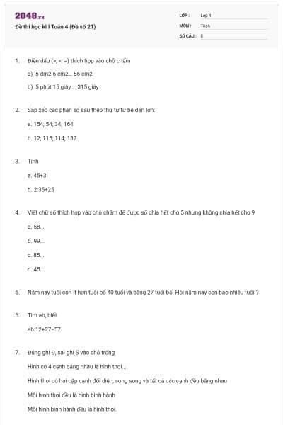Đề thi học kì I Toán 4 (Đề số 21)