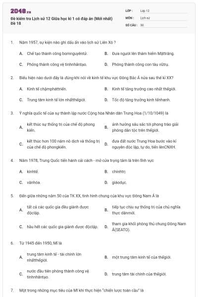 Đề kiểm tra Lịch sử 12 Giữa học kì 1 có đáp án (Mới nhất) Đề 18