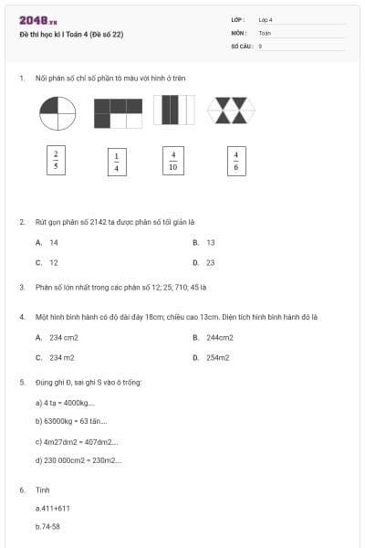 Đề thi học kì I Toán 4 (Đề số 22)