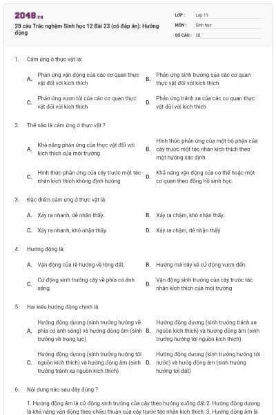 28 câu Trắc nghệm Sinh học 12 Bài 23 (có đáp án): Hướng động