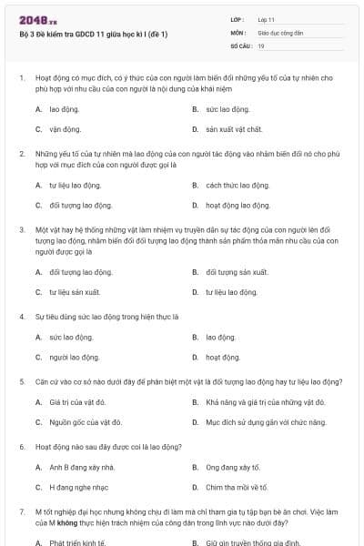 Bộ 3 Đề kiểm tra GDCD 11 giữa học kì I (đề 1)