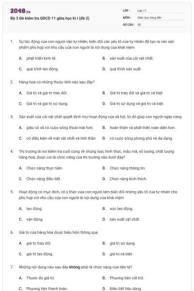 Bộ 3 Đề kiểm tra GDCD 11 giữa học kì I (đề 2)