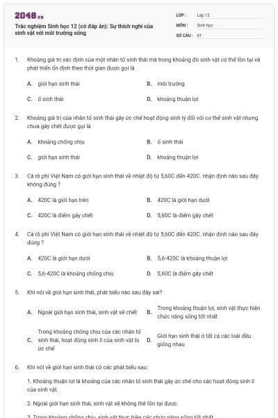 Trắc nghiệm Sinh học 12 (có đáp án): Sự thích nghi của sinh vật với môi trường sống