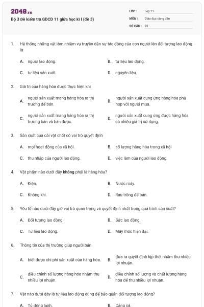 Bộ 3 Đề kiểm tra GDCD 11 giữa học kì I (đề 3)