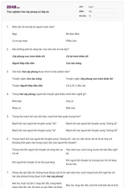 Trắc nghiệm Hai cây phong có đáp án