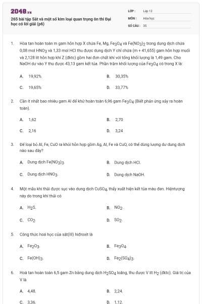 265 bài tập Săt và một số kim loại quan trọng ôn thi Đại học có lời giải (p6)