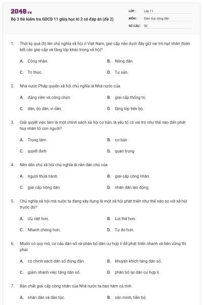 Bộ 3 Đề kiểm tra GDCD 11 giữa học kì 2 có đáp án (đề 2)
