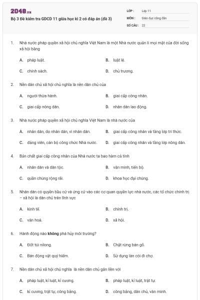 Bộ 3 Đề kiểm tra GDCD 11 giữa học kì 2 có đáp án (đề 3)