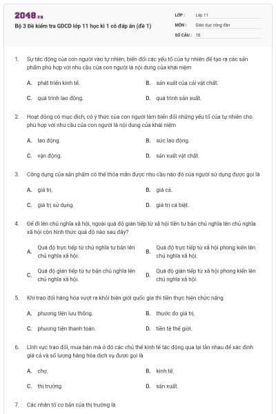 Bộ 3 Đề kiểm tra GDCD lớp 11 học kì 1 có đáp  án (đề 1)
