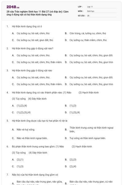 28 câu  Trắc nghệm Sinh học 11 Bài 27 (có đáp án): Cảm ứng ở động vật có hệ thần kinh dạng ống