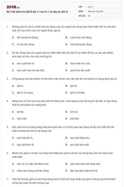 Bộ 3 Đề kiểm tra GDCD lớp 11 học kì 1 có đáp án (đề 3)
