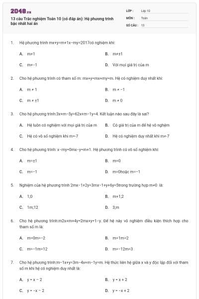 13 câu Trắc nghiệm Toán 10 (có đáp án): Hệ phương trinh bậc nhất hai ấn