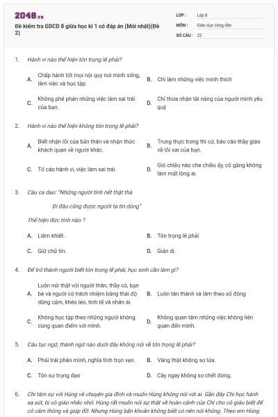 Đề kiểm tra GDCD 8 giữa học kì 1 có đáp án (Mới nhất)(Đề 2)