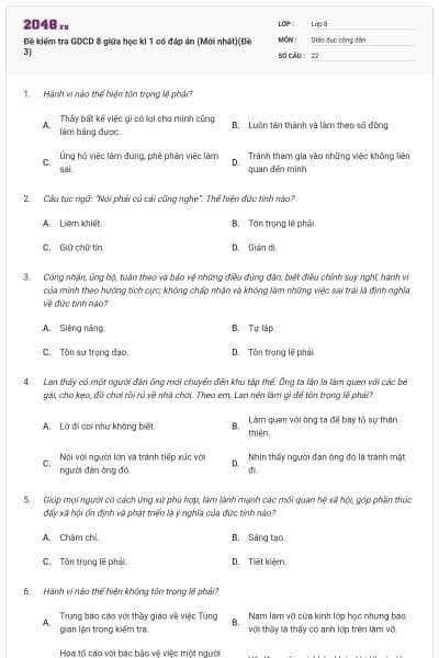 Đề kiểm tra GDCD 8 giữa học kì 1 có đáp án (Mới nhất)(Đề 3)