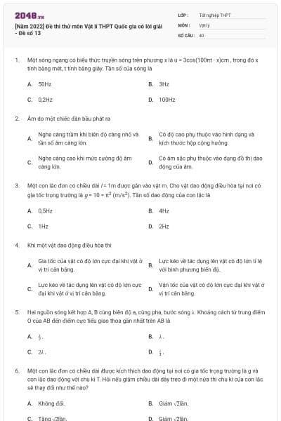 [Năm 2022] Đề thi thử môn Vật lí THPT Quốc gia có lời giải - Đề số 13